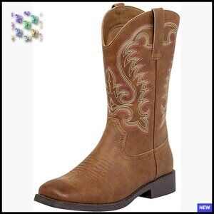 Square Toe Western Boots Mid Calf Pull On Chunky Heel Fashion Cowgirl Dress